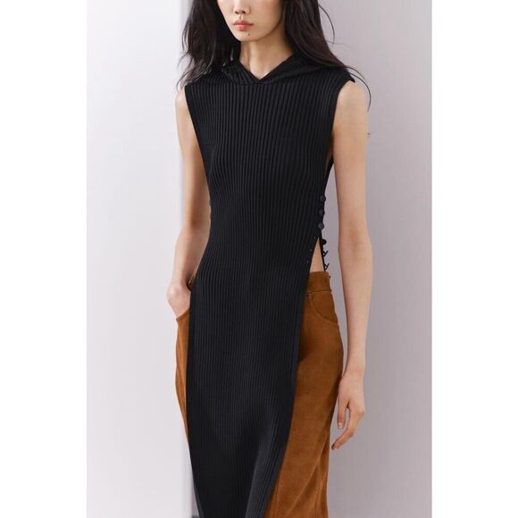 ZARA Hooded Ribbed Knit Tunic Black - Picture 3 of 10